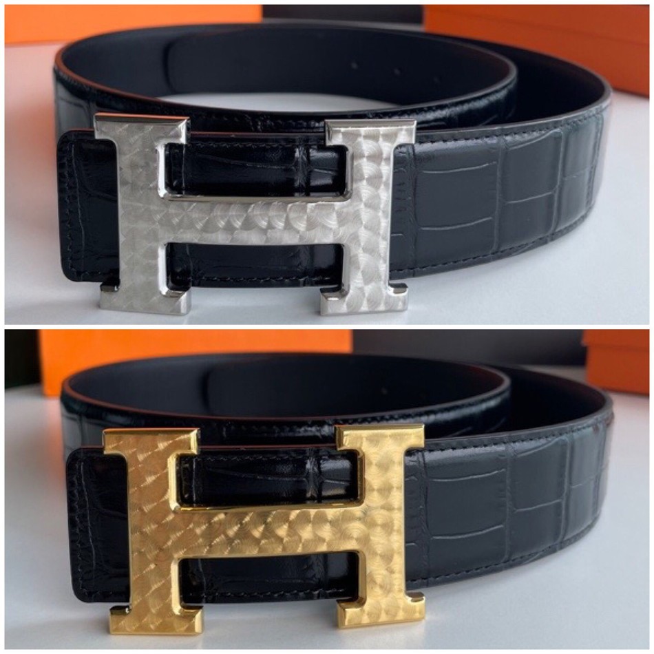 Hermes stainless steel H pattern metal buckle cowhide embossed crocodile pattern 38mm belt