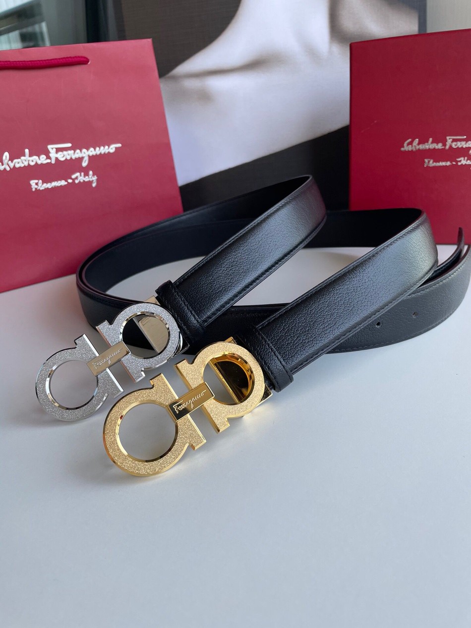 Ferragamo men s stainless steel sandblasted metal clip, cowhide sheep texture belt 3.5cm
