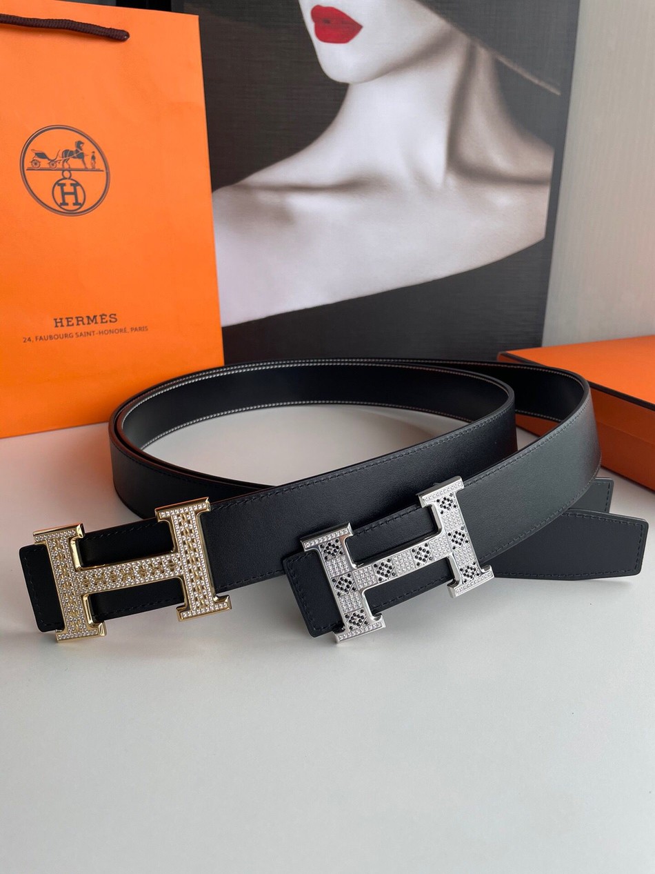 Hermes men s 3.8cm stainless steel material inlaid diamond metal buckle with cowhide Reversible belt