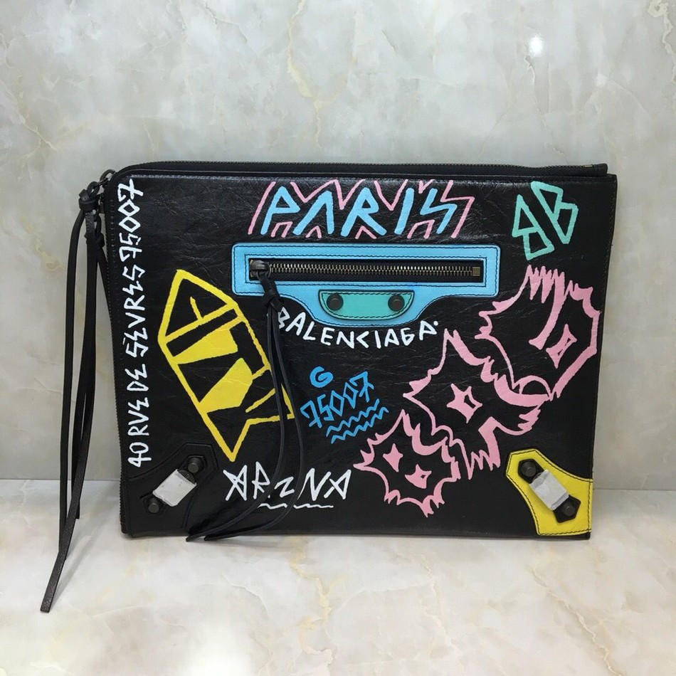 Balenciaga hand-painted graffiti leather Graffiti Classic Clutch