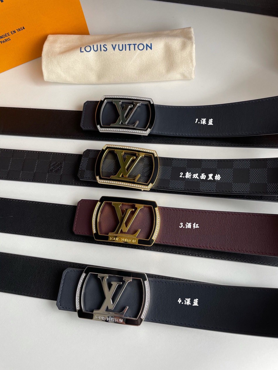 Louis Vuitton stainless steel letter square resin craft inlaid diamond metal buckle 4.0cm belt