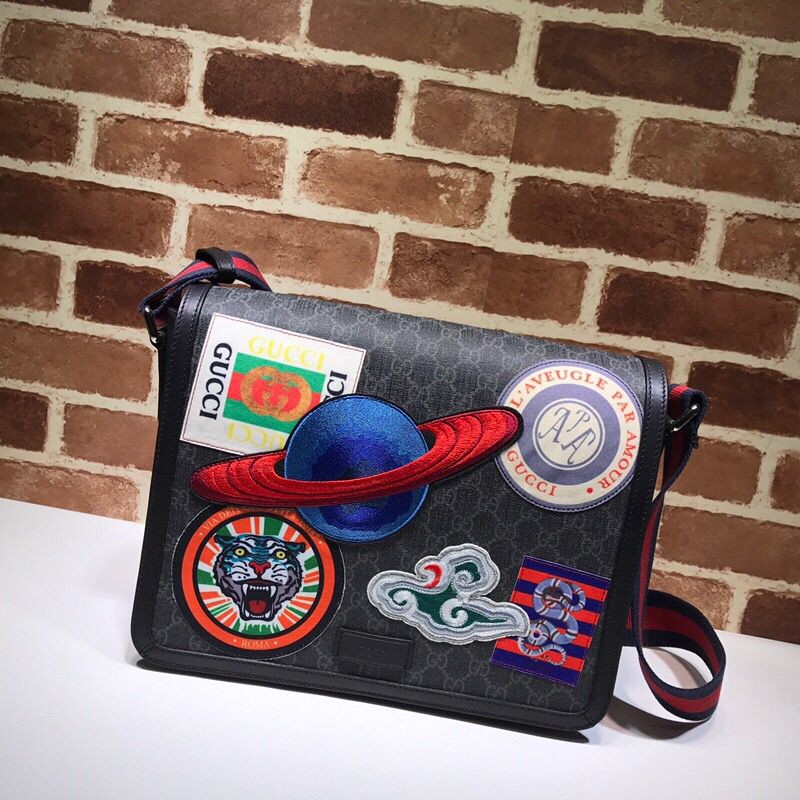 Gucci Earth satellite embroidered gray-black leather shoulder bag 474138