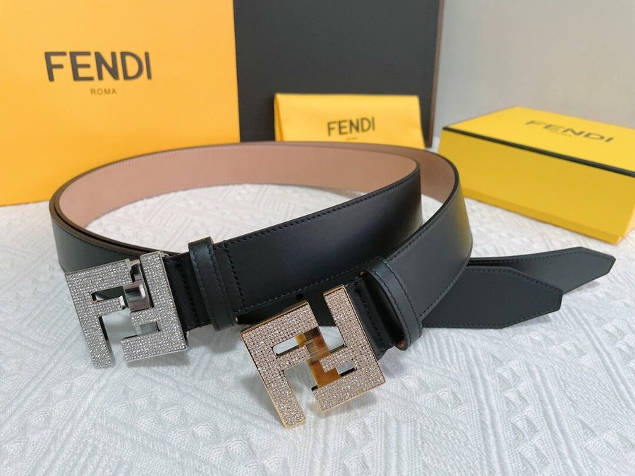 Fendi FF ”logo, exquisite craftsmanship inlaid with metal buckle full of diamonds, cowhide Reversible belt 4.0cm