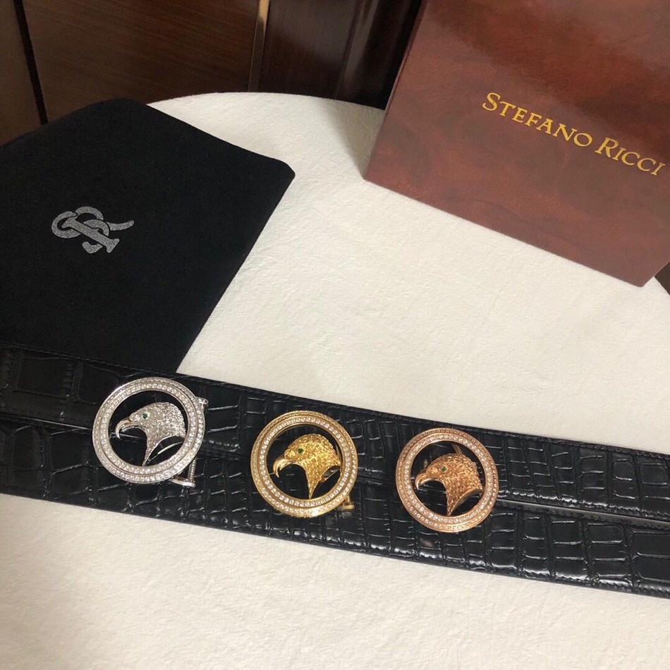 Stefano Ricci stainless steel eagle head double circle inlaid diamond buckle leather belt 3.5cm