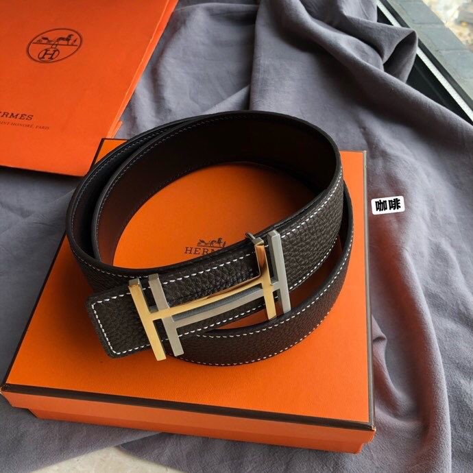 Hermes Men s 3.8cm stainless steel double buckle leather belt