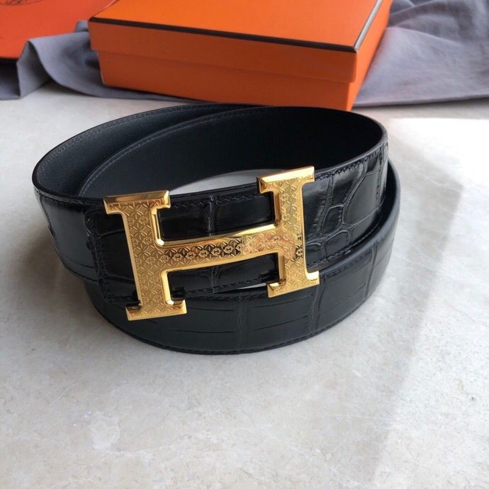 Hermes Stainless steel H pattern metal buckle & cowhide embossed crocodile pattern 38mm belt