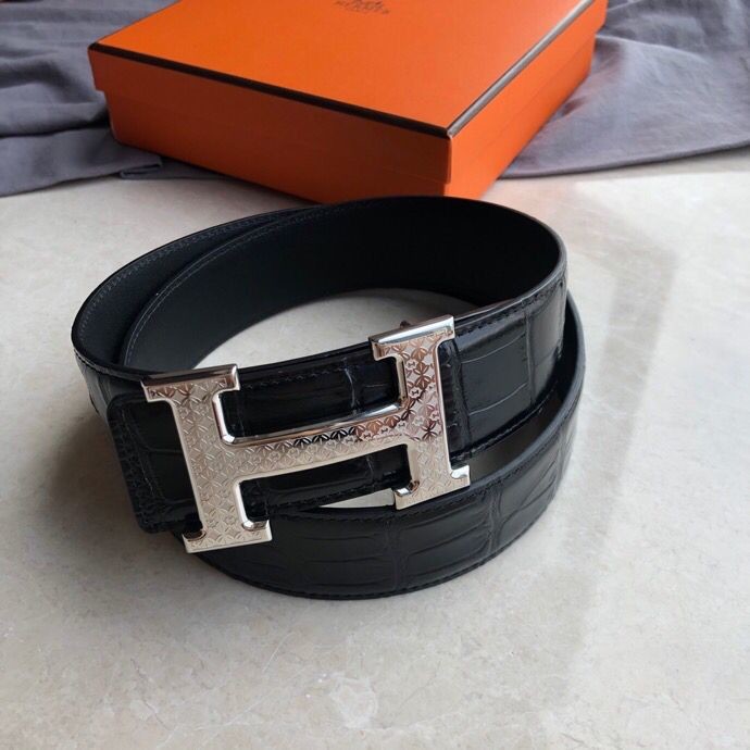 Hermes Stainless steel H pattern metal buckle & cowhide embossed crocodile pattern 38mm belt