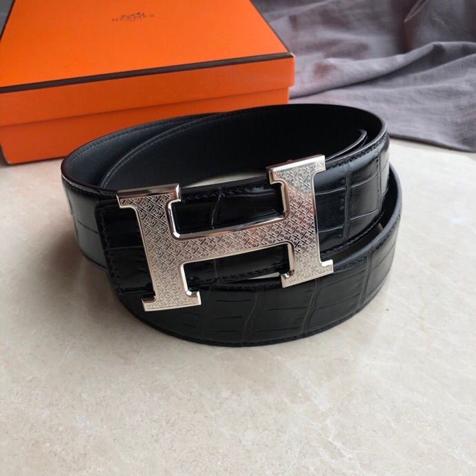 Hermes Stainless steel H pattern metal buckle & cowhide embossed crocodile pattern 38mm belt