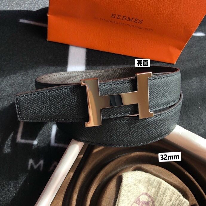 Hermes Stainless steel four-corner shiny metal buckle & Reversible belt 32mm