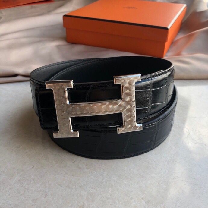 Hermes Stainless steel H pattern metal buckle & cowhide embossed crocodile pattern 38mm belt