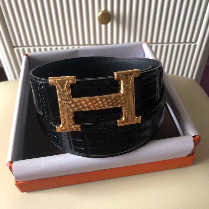 Hermes Stainless steel H pattern metal buckle & cowhide embossed crocodile pattern 38mm belt