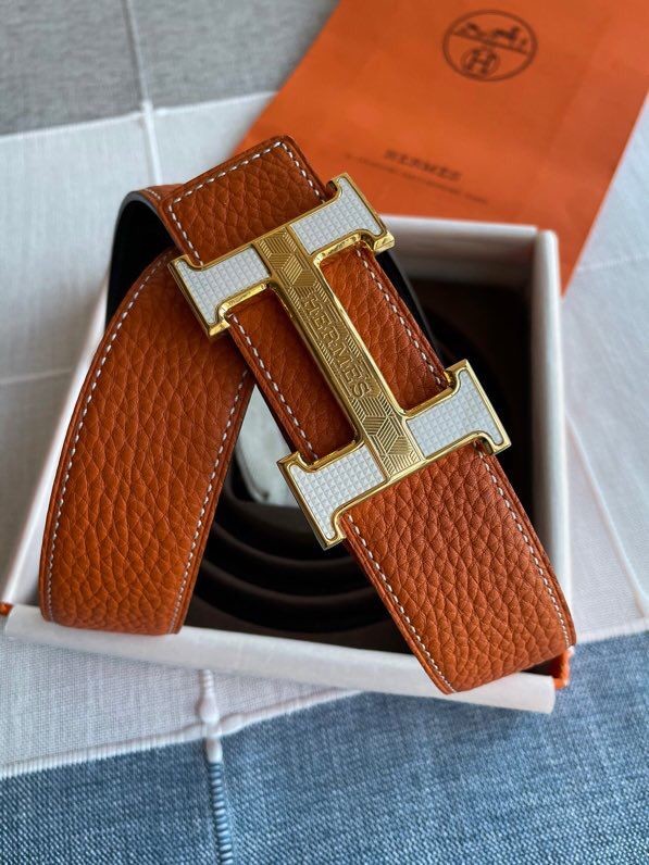 Hermes Stainless Steel Fiber Sheet Hanging Buckle Reversible Leather Men s 3.8cm Belt