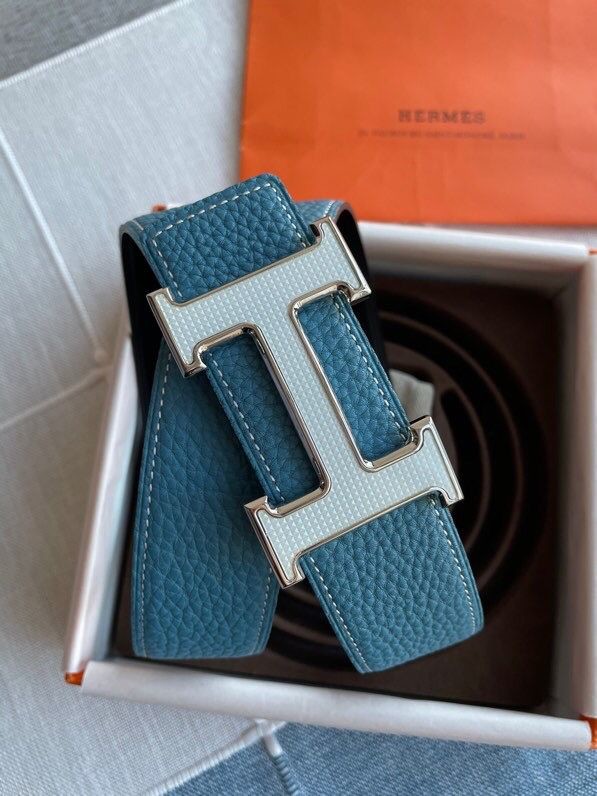 Hermes Stainless Steel Fiber Sheet Hanging Buckle Reversible Leather Men s 3.8cm Belt