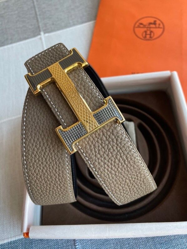 Hermes Stainless Steel Fiber Sheet Hanging Buckle Reversible Leather Men s 3.8cm Belt