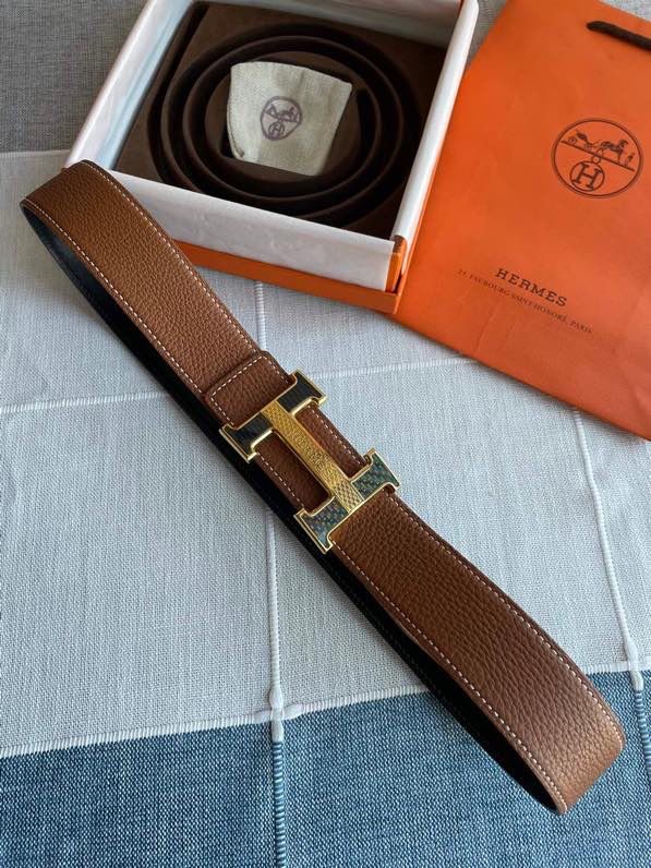 Hermes Stainless Steel Fiber Sheet Hanging Buckle Reversible Leather Men s 3.8cm Belt