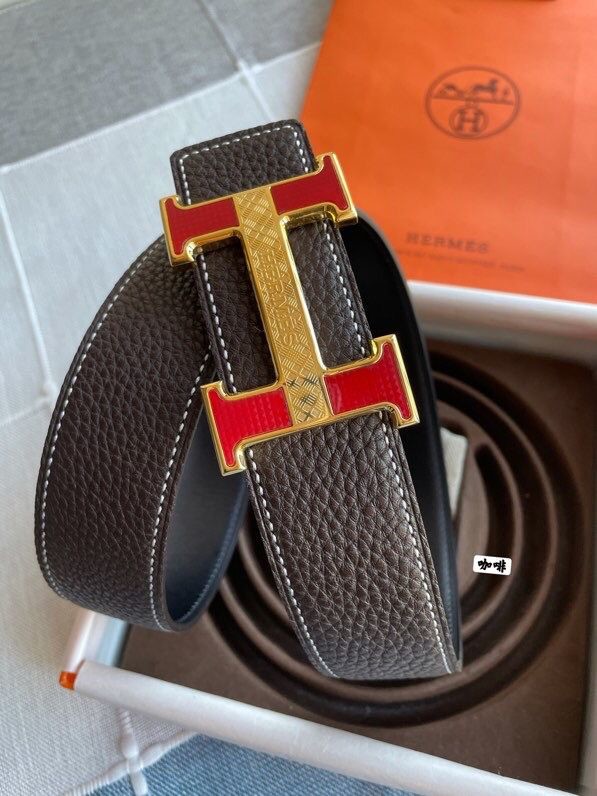 Hermes Stainless Steel Fiber Sheet Hanging Buckle Reversible Leather Men s 3.8cm Belt