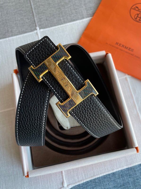 Hermes Stainless Steel Fiber Sheet Hanging Buckle Reversible Leather Men s 3.8cm Belt