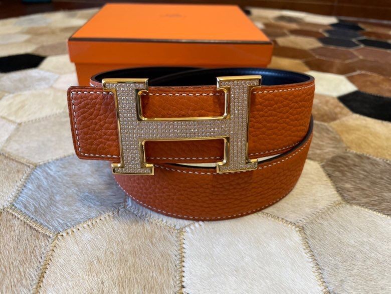 Hermes Stainless Steel Full Rhinestone Reversible Leather Men s 3.8cm Belt