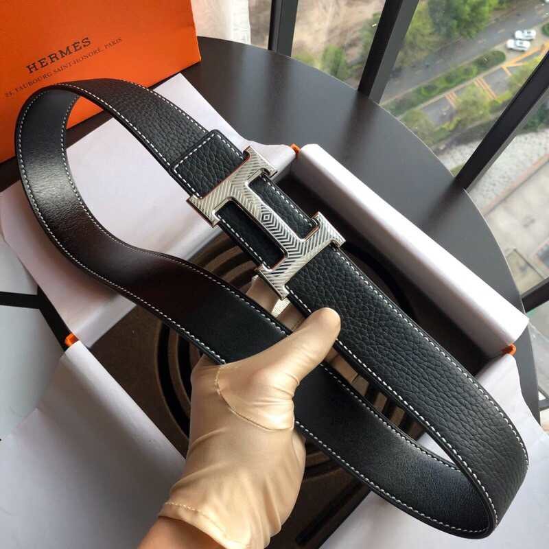 Hermes Stainless steel pattern hanging buckle 3.8cm men s belt