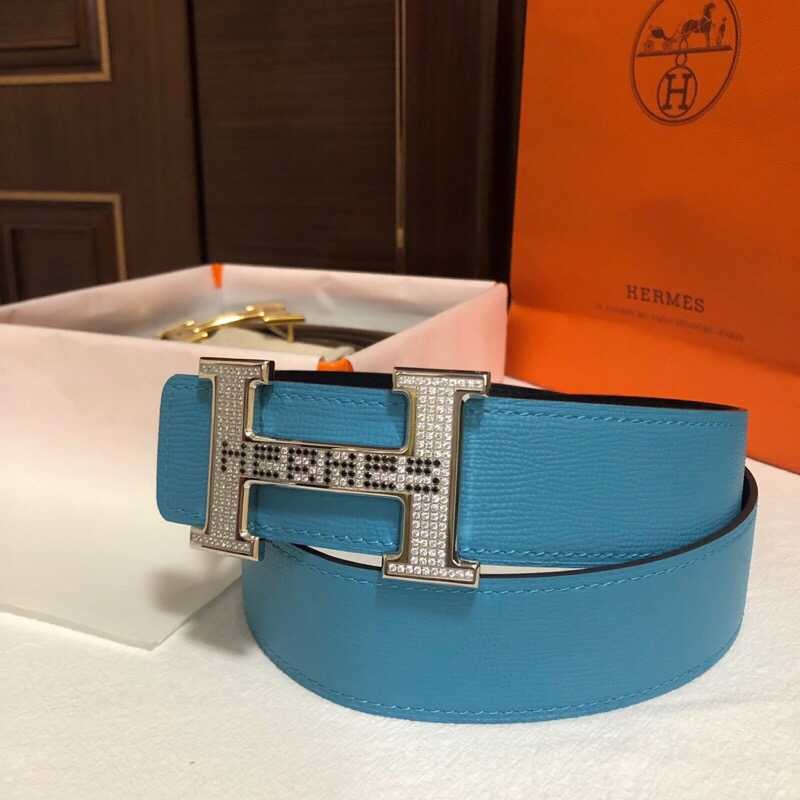 Hermes Men s 3.8cm stainless steel h leather belt with full rhinestones and metal buckle