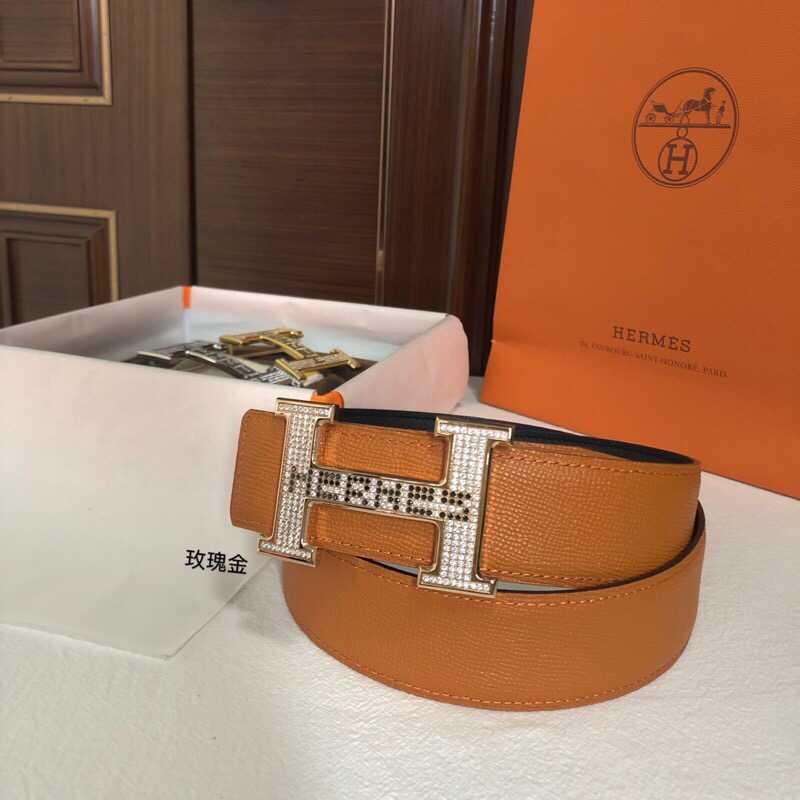 Hermes Men s 3.8cm stainless steel h leather belt with full rhinestones and metal buckle