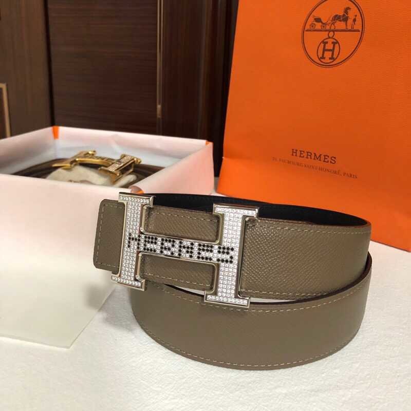 Hermes Men s 3.8cm stainless steel h leather belt with full rhinestones and metal buckle