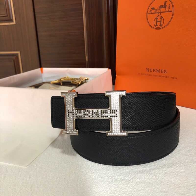 Hermes Men s 3.8cm stainless steel h leather belt with full rhinestones and metal buckle