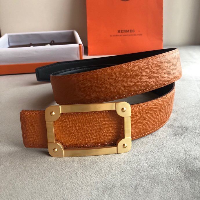 Hermes Stainless steel box hanging buckle leather men s 3.8cm belt