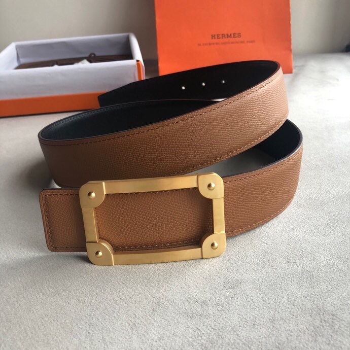 Hermes Stainless steel box hanging buckle leather men s 3.8cm belt