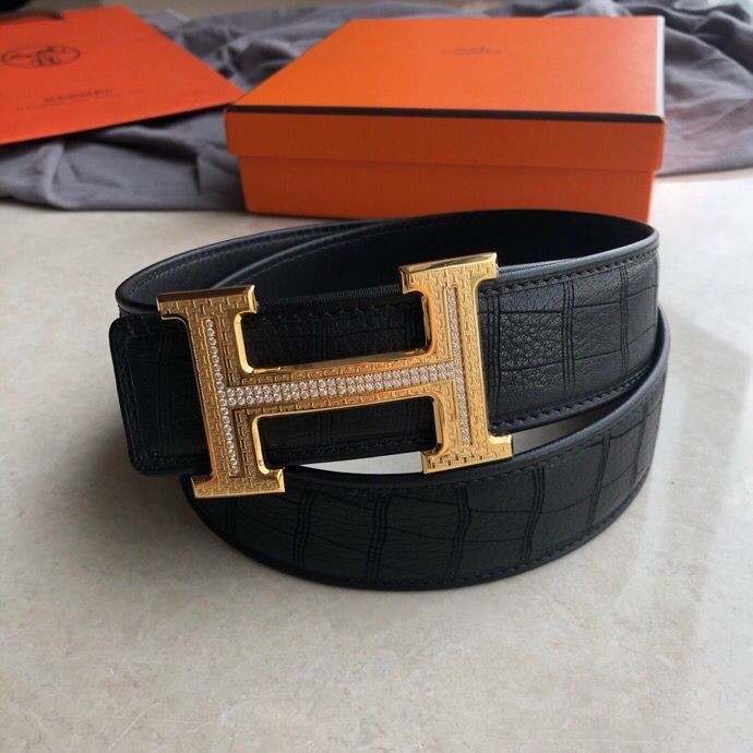 Hermes Stainless steel H pattern buckle deerskin men s 3.8cm belt