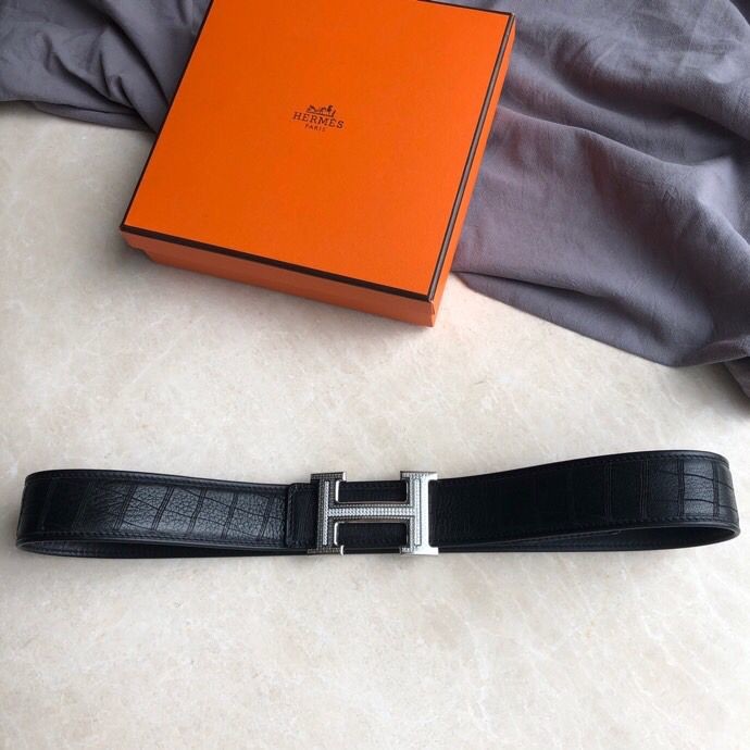 Hermes Stainless steel H pattern buckle deerskin men s 3.8cm belt