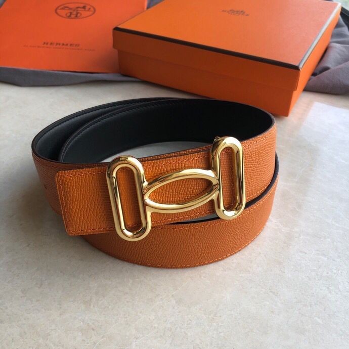 Hermes Stainless steel hollow hanging buckle leather men s 3.8cm belt