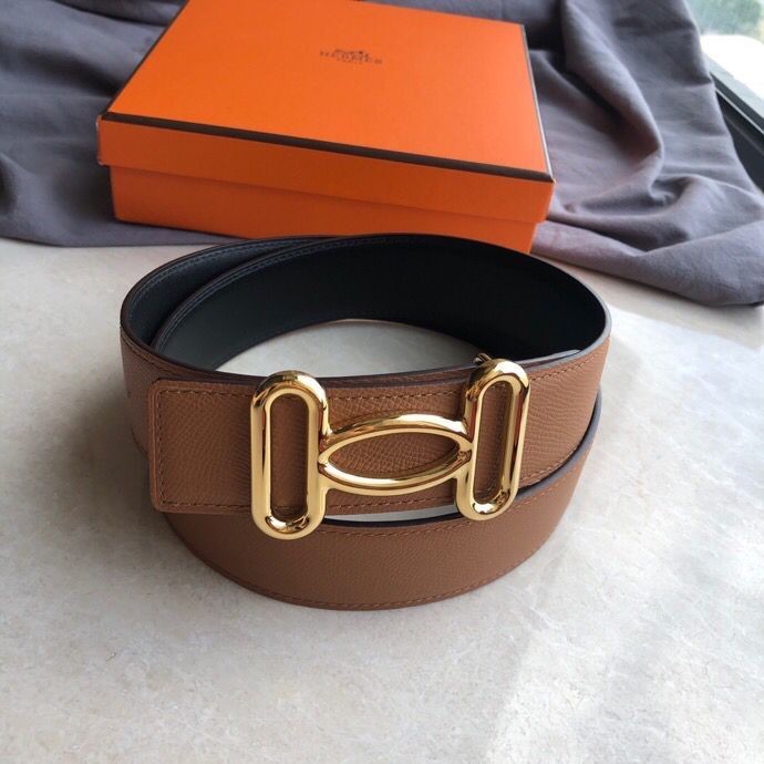 Hermes Stainless steel hollow hanging buckle leather men s 3.8cm belt