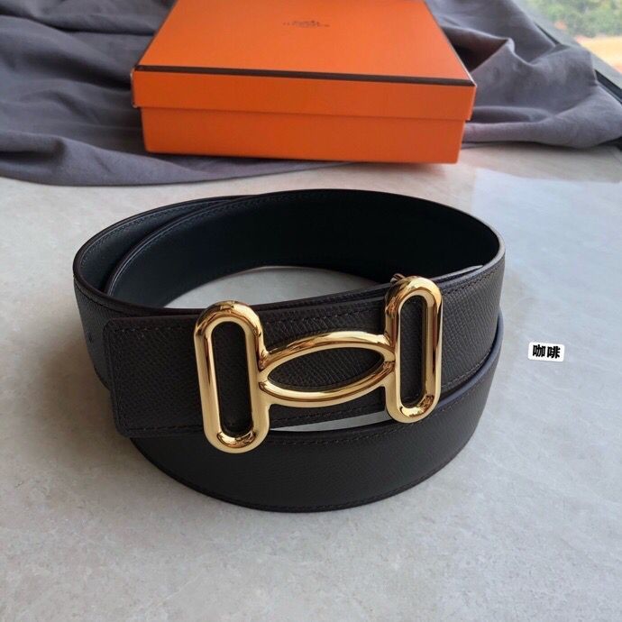 Hermes Stainless steel hollow hanging buckle leather men s 3.8cm belt