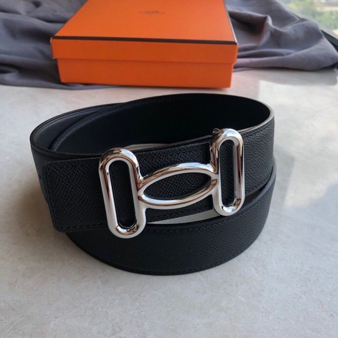 Hermes Stainless steel hollow hanging buckle leather men s 3.8cm belt