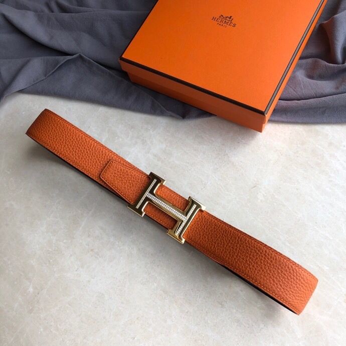 Hermes Stainless steel H single-row diamond bottom leather men s 3.8cm belt