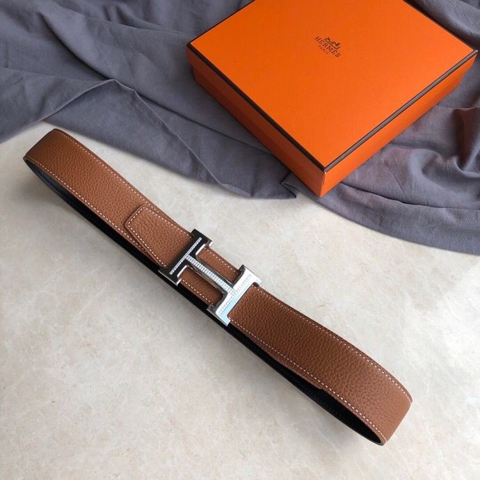 Hermes Stainless steel H single-row diamond bottom leather men s 3.8cm belt