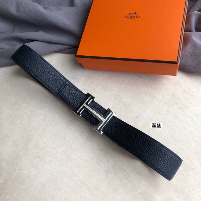 Hermes Stainless steel H single-row diamond bottom leather men s 3.8cm belt