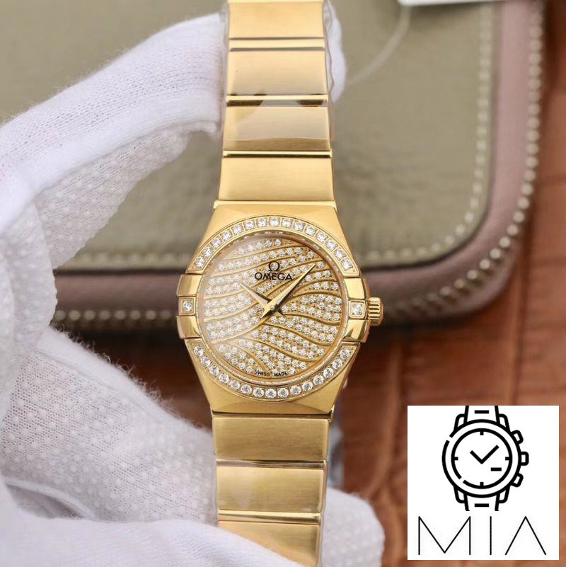 Omega Constellation Ladies 27MM TW Factory 18K Yellow Gold Textured Diamond Dial
