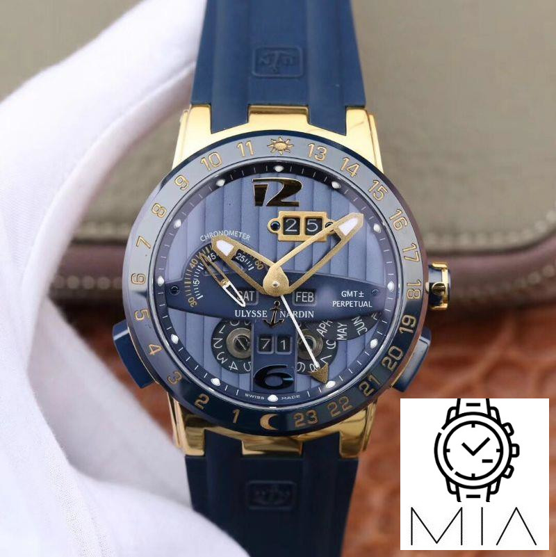 Ulysse Nardin El Toro 322-00-3/BQ All Working GMT Calendar 18K Yellow Gold Blue Dial